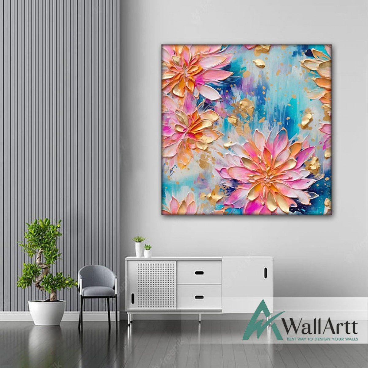 Abstract Pink Flowers II 3d Heavy Textured Partial Oil Painting